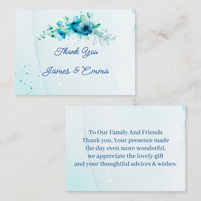 Elegant Blue Flower Customized Bröllop Tack Anteckningskort (Fram/baksida)