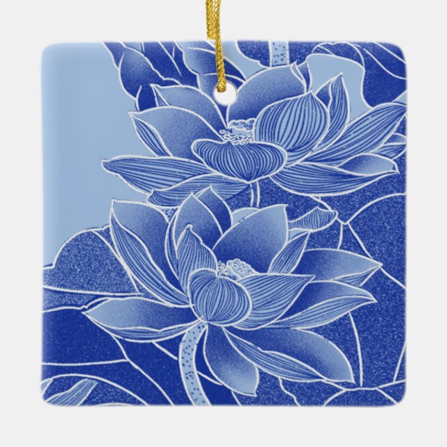 Elegant Blue Flower Lotus Mandala Lily Chinoiserie Julgransprydnad Keramik (Framsida)