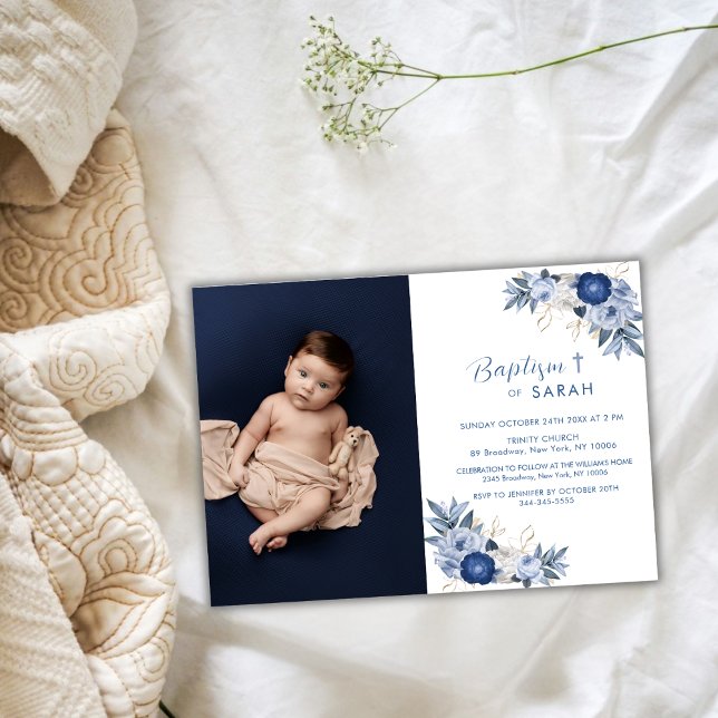 Elegant Blue Flower Photo Kor Baptism Inbjudningar (Elegant Blue Flower Photo Cross Baptism Invitation)