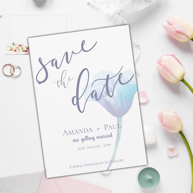 Elegant Blue Flower Simple Script Blommigt bröllop Spara Datumet (Elegant Blue Flower Simple Script Floral wedding Save The Date)