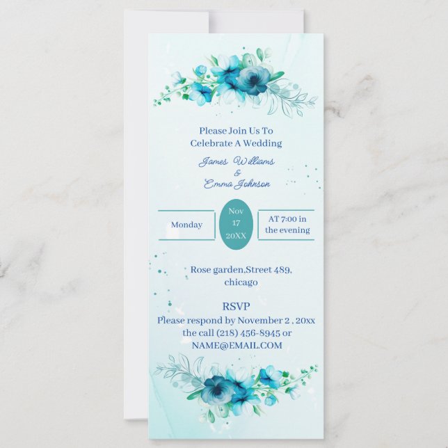 Elegant  Blue Flower Wedding Invitation Inbjudningar (Framsida)