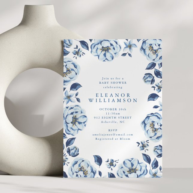 Elegant Blue Flowers Floral Baby Shower Inbjudningar (Skapare uppladdad)