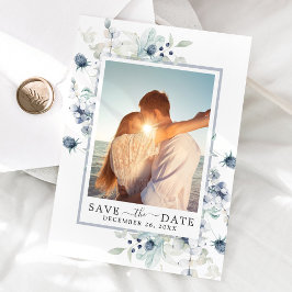 Elegant Blue Foliage PHOTO Bröllop spara datum Spara Datumet