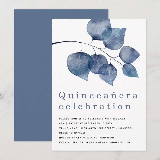 Elegant Blue Foliage Quinceanera Inbjudningar (Fram/baksida)