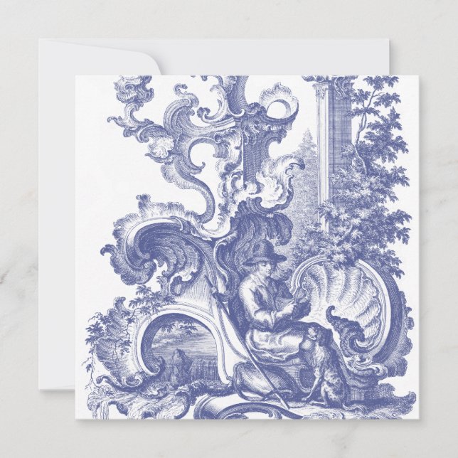 Elegant Blue Fransk Baroque Toile Inbjudningar (Framsida)