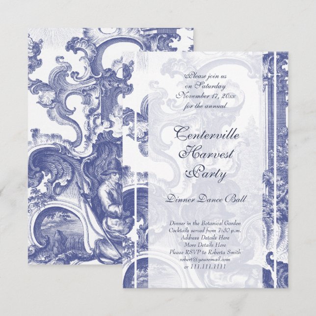 Elegant Blue Fransk Baroque Toile Inbjudningar (Fram/baksida)