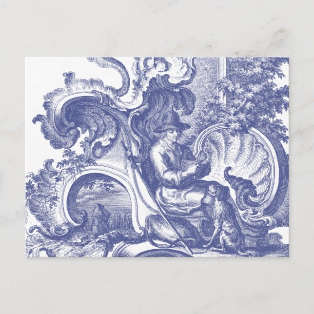 Elegant Blue Fransk Baroque Toile Vykort (Framsida)