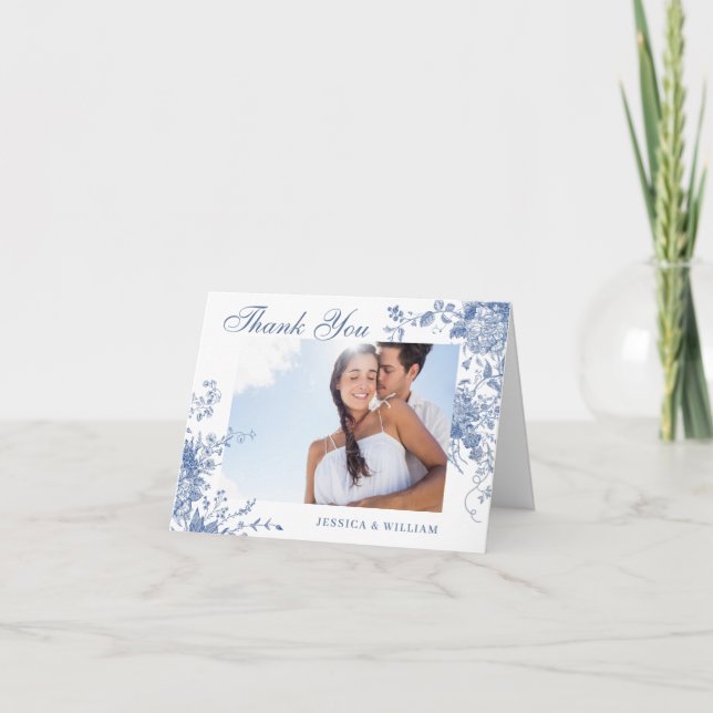 Elegant Blue Fransk Garden Flowers Bröllop Photo Tack Kort (Framsida)