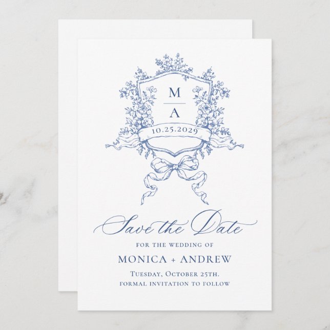 Elegant Blue Fransk Garden Flowers Bröllop QR-kod Spara Datumet (Fram/baksida)