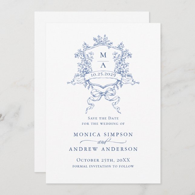 Elegant Blue Fransk Garden Flowers Bröllop Spara Datumet (Fram/baksida)