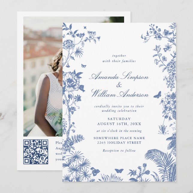 Elegant Blue Fransk Garden Wedding Photo QR-kod Inbjudningar (Fram/baksida)