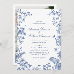 Elegant Blue Fransk Garden Wedding Photo QR-kod Inbjudningar