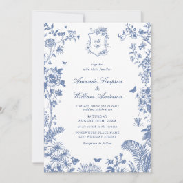Elegant Blue Fransk Garden Wedding Photo QR-kod Inbjudningar