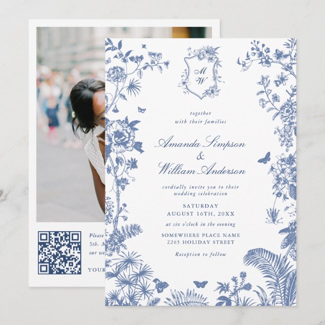 Elegant Blue Fransk Garden Wedding Photo QR-kod Inbjudningar (Fram/baksida)