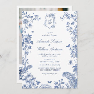 Elegant Blue Fransk Garden Wedding Photo QR-kod Inbjudningar