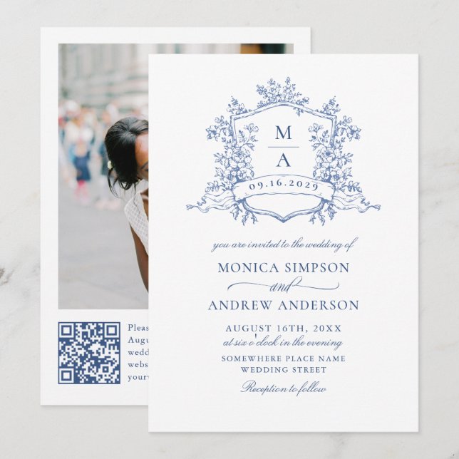 Elegant Blue Fransk Garden Wedding Photo QR-kod Inbjudningar (Fram/baksida)