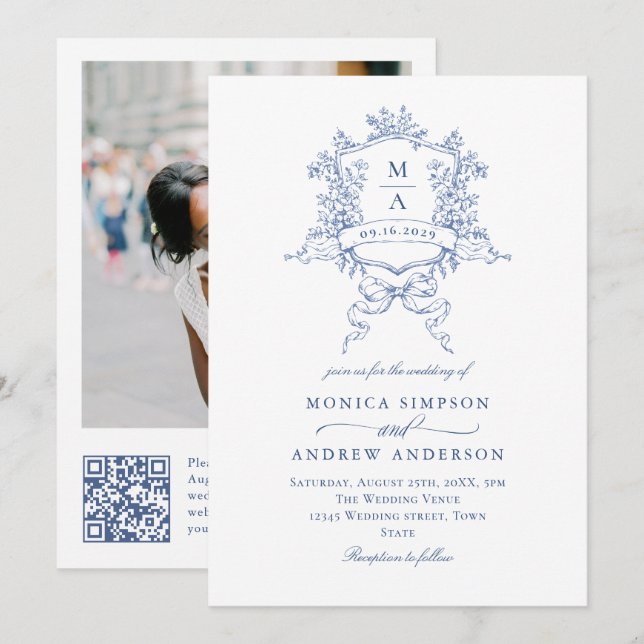 Elegant Blue Fransk Garden Wedding Photo QR-kod Inbjudningar (Fram/baksida)