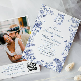 Elegant Blue Fransk Garden Wedding Photo QR-kod Inbjudningar