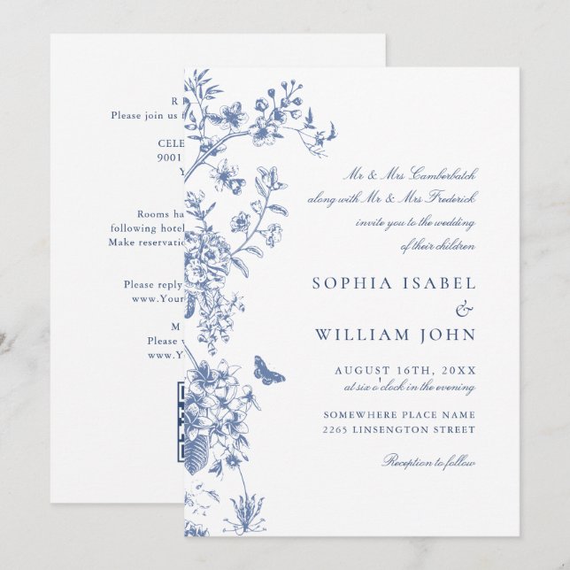 Elegant Blue Fransk Garden Wedding QR-kod Inbjudningar (Fram/baksida)