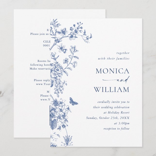 Elegant Blue Fransk Garden Wedding QR-kod Inbjudningar (Fram/baksida)