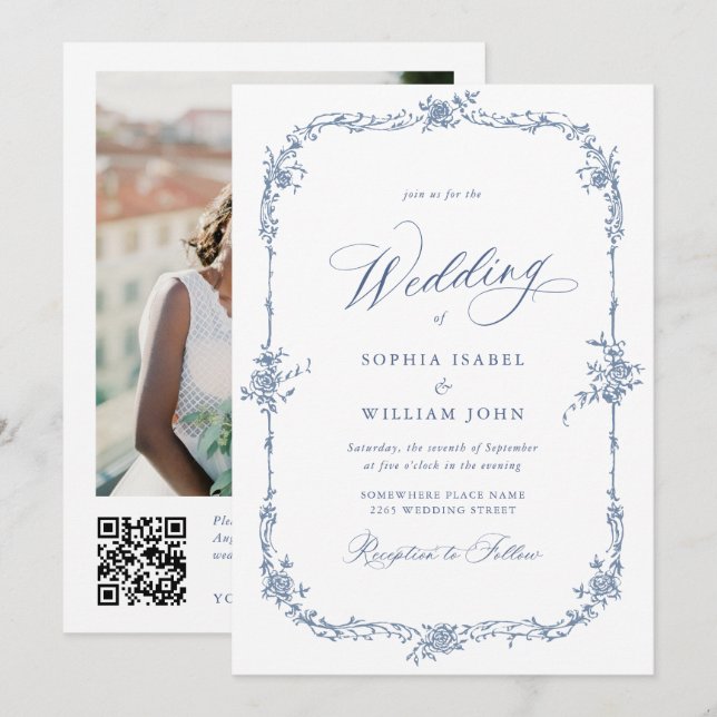 Elegant Blue Fransk Ro Garden Wedding QR-kod Inbjudningar (Fram/baksida)