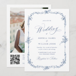 Elegant Blue Fransk Ro Garden Wedding QR-kod Inbjudningar
