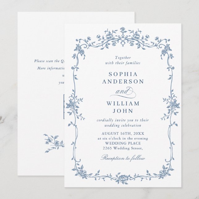 Elegant Blue Fransk Ro Garden Wedding QR-kod Inbjudningar (Fram/baksida)