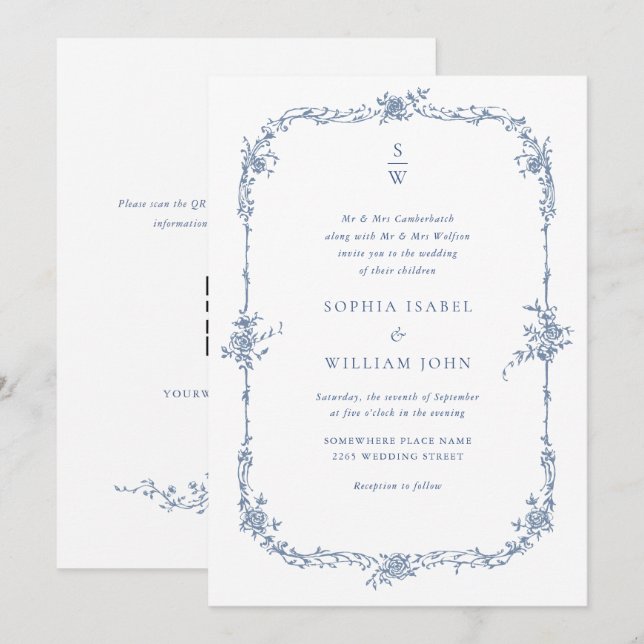 Elegant Blue Fransk Ro Garden Wedding QR-kod Inbjudningar (Fram/baksida)