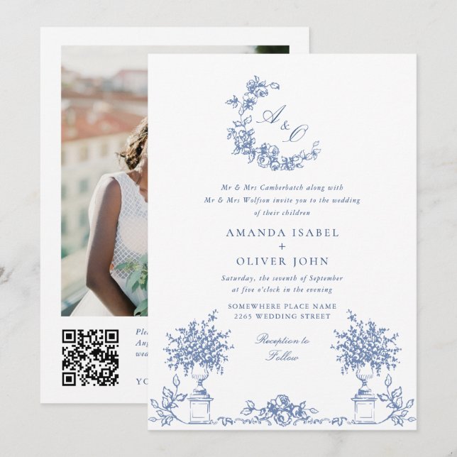 Elegant Blue Fransk Ro Garden Wedding QR-kod Inbjudningar (Fram/baksida)