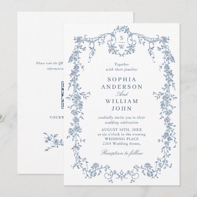 Elegant Blue Fransk Ro Garden Wedding QR-kod Inbjudningar (Fram/baksida)