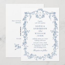 Elegant Blue Fransk Ro Garden Wedding QR-kod Inbjudningar