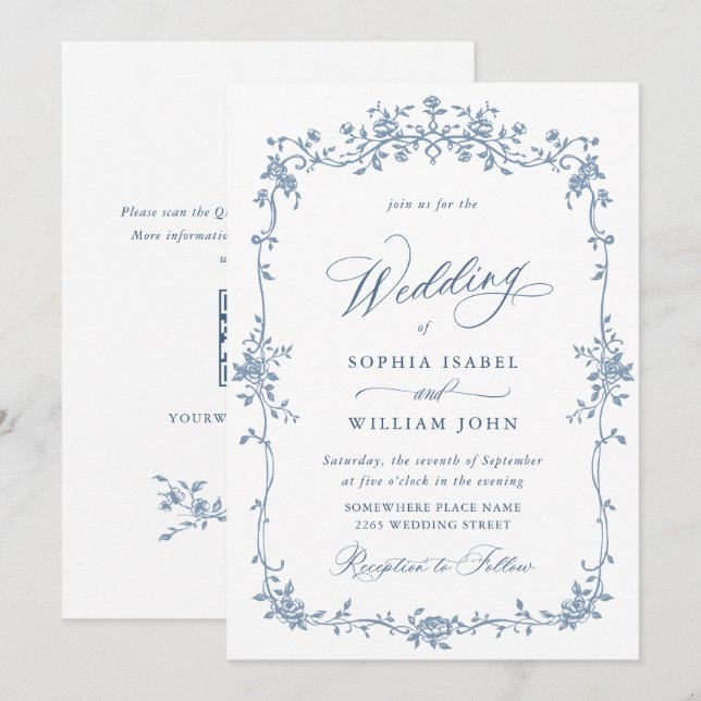 Elegant Blue Fransk Ro Garden Wedding QR-kod Inbjudningar (Fram/baksida)