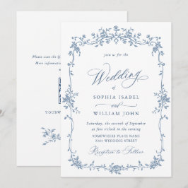 Elegant Blue Fransk Ro Garden Wedding QR-kod Inbjudningar