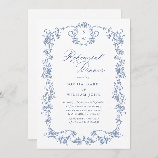 Elegant Blue Fransk Ro Toile Rehearsal Middag Inbjudningar (Fram/baksida)