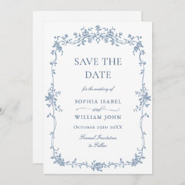 Elegant Blue Fransk Toile Blommigt Bröllop QR-kod Spara Datumet