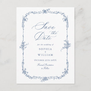 Elegant Blue Fransk Toile Bröllop spara datum Vykort