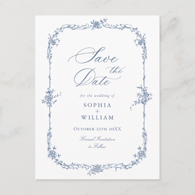 Elegant Blue Fransk Toile Bröllop spara datum Vykort (Framsida)