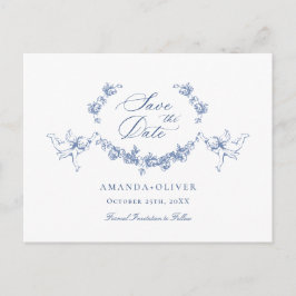 Elegant Blue Fransk Toile Bröllop spara datum Vykort