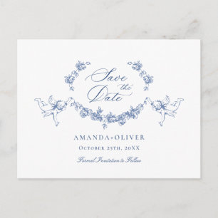 Elegant Blue Fransk Toile Bröllop spara datum Vykort