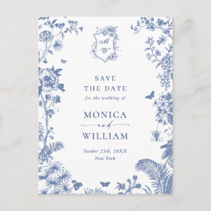 Elegant Blue Fransk Toile Bröllop spara datum Vykort