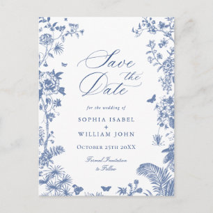 Elegant Blue Fransk Toile Bröllop spara datum Vykort
