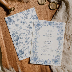 Elegant Blue Fransk Toile Chinoiserie Bröllop Inbjudningar