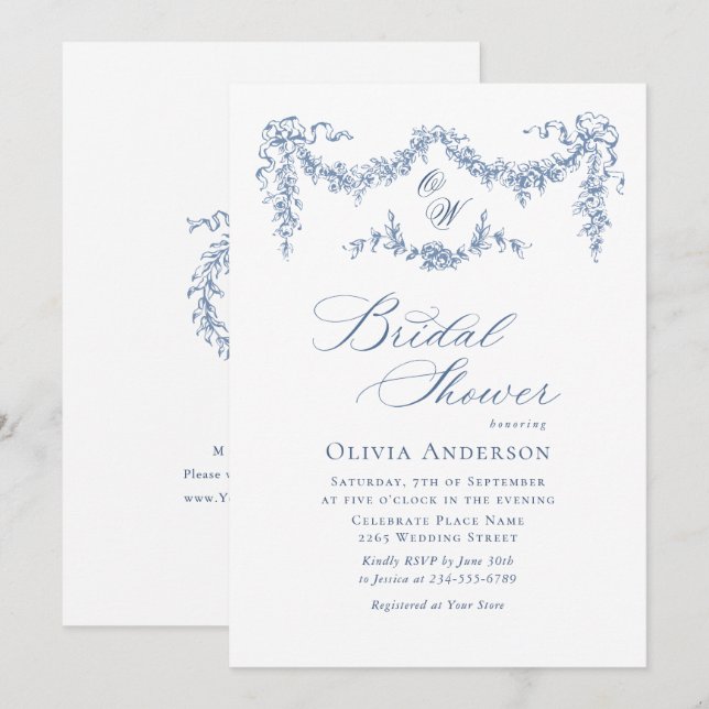 Elegant Blue Fransk Toile Garden MÖHIPPA Inbjudningar (Fram/baksida)