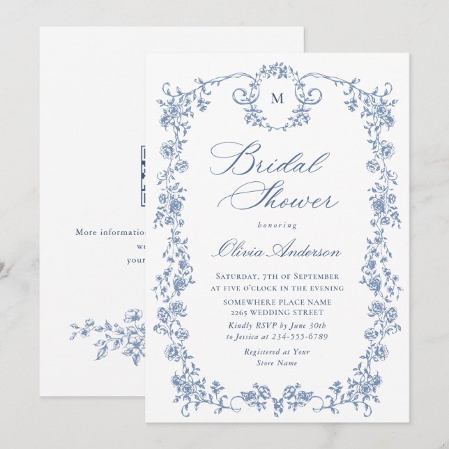 Elegant Blue Fransk Toile Garden Möhippa Inbjudningar (Fram/baksida)