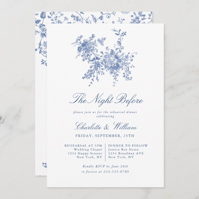 Elegant Blue Fransk Toile Garden Rehearsal Middag Inbjudningar (Fram/baksida)