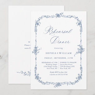 Elegant Blue Fransk Toile Garden Rehearsal Middag Inbjudningar