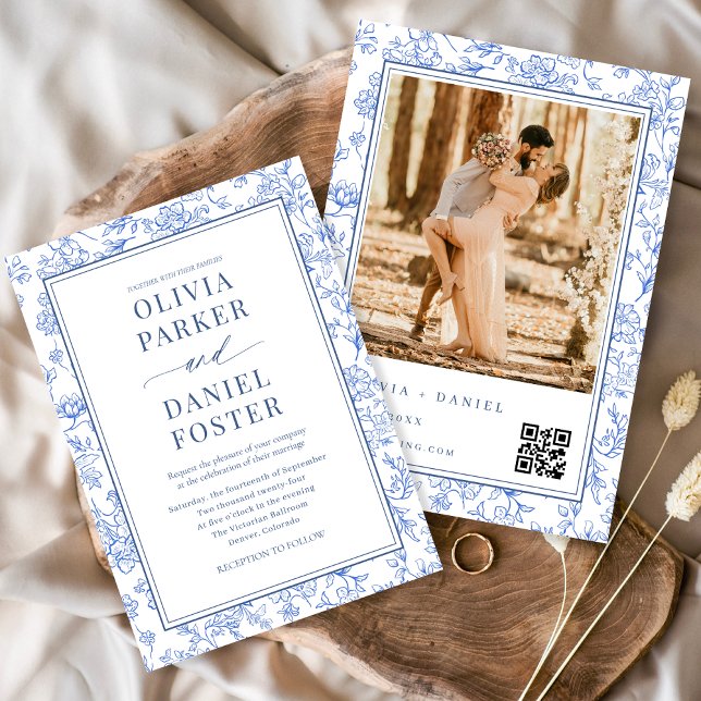 Elegant Blue French Floral Photo QR Code  Inbjudningar (Skapare uppladdad)