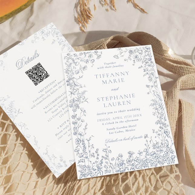 Elegant Blue French Floral Wedding Invitation Inbjudningar (Skapare uppladdad)