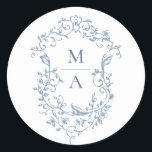 Elegant Blue French Garden Flowers Wedding Runt Klistermärke<br><div class="desc">For further customization,  please click the "customize further" link and use our design tool to modify this template. 
If you need help or matching items,  please contact me.</div>