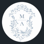 Elegant Blue French Garden Flowers Wedding Runt Klistermärke<br><div class="desc">For further customization,  please click the "customize further" link and use our design tool to modify this template. 
If you need help or matching items,  please contact me.</div>